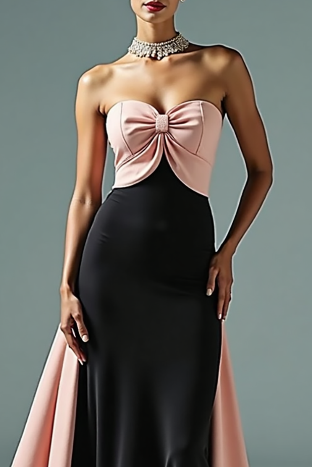 Formal Evening Strapless Dress Black Pink Twist Train Gown