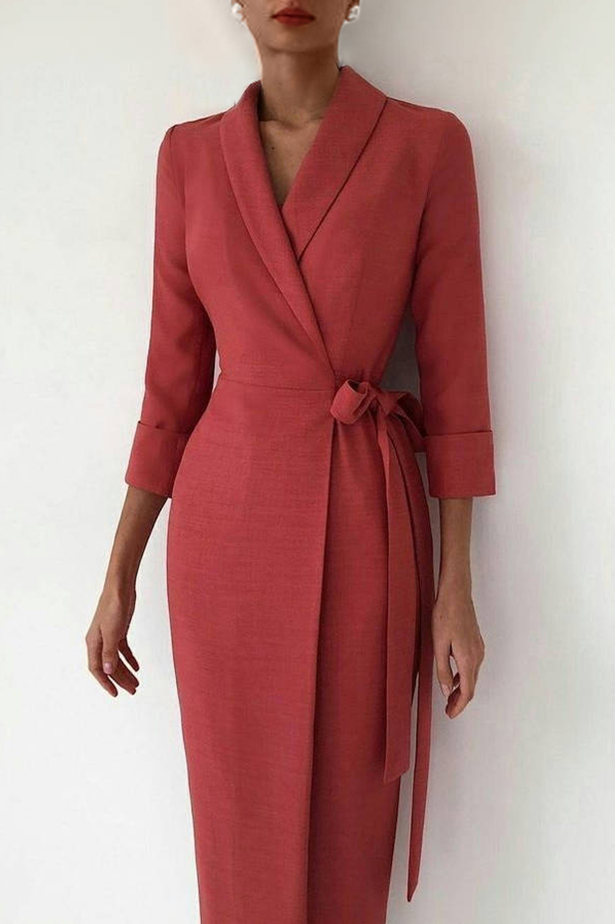 Work Blazer Dress Red Tie Waist Lapel Knee-Length Dress