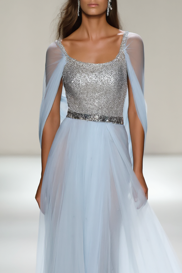 Evening Formal Dress Light Blue Mesh Sequin Floor-Length Gown
