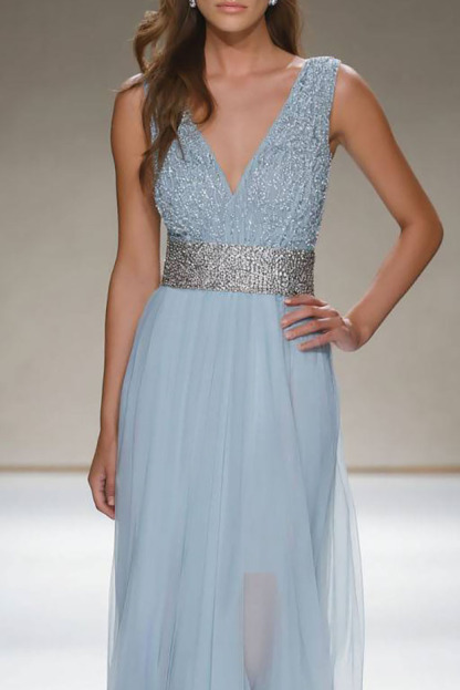 Evening Formal Dress Light Blue V Neck Sleeveless Floor-Length Gown