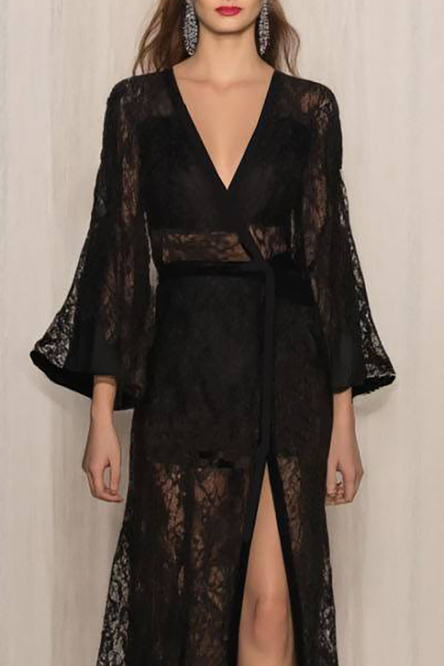 Semi-Formal Party Dress Black Lace Cover-Up Cross Neck Floor-Length Dress
