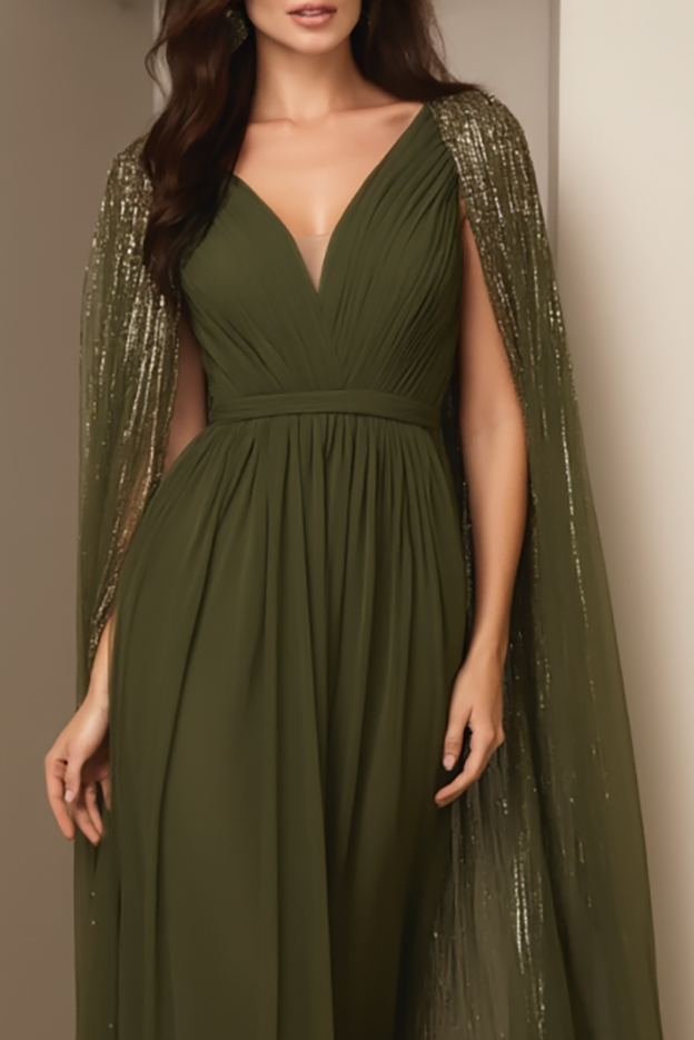 Evening Formal Gown Green Cape Chiffon Floor-Length Dress