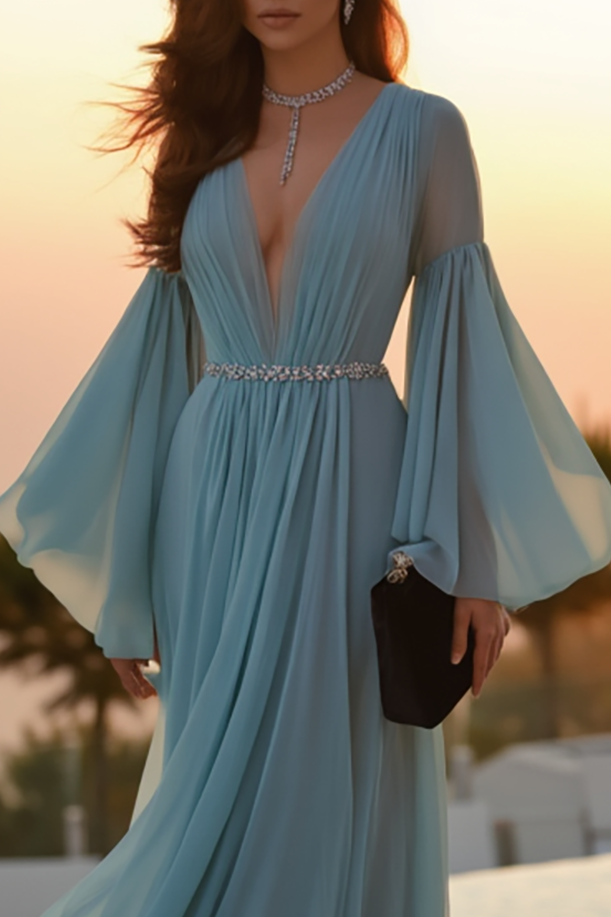 Evening Formal Dress Light Blue Bell Sleeve Chiffon Floor-Length Gown