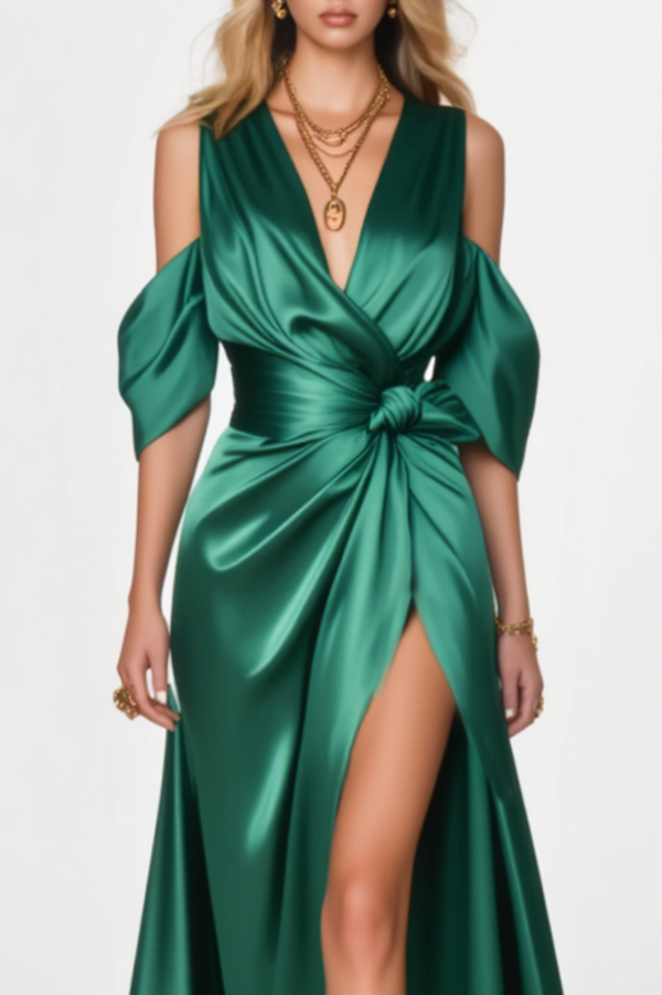 Formal Evening Gown Green Satin Cold Shoulder Floor-Length Dress