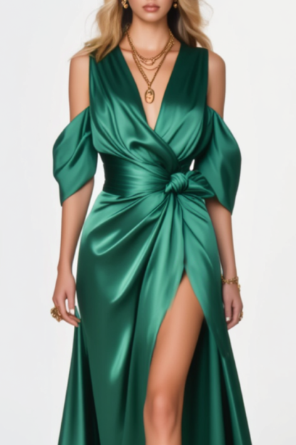 Formal Evening Gown Green Satin Cold Shoulder Floor-Length Dress