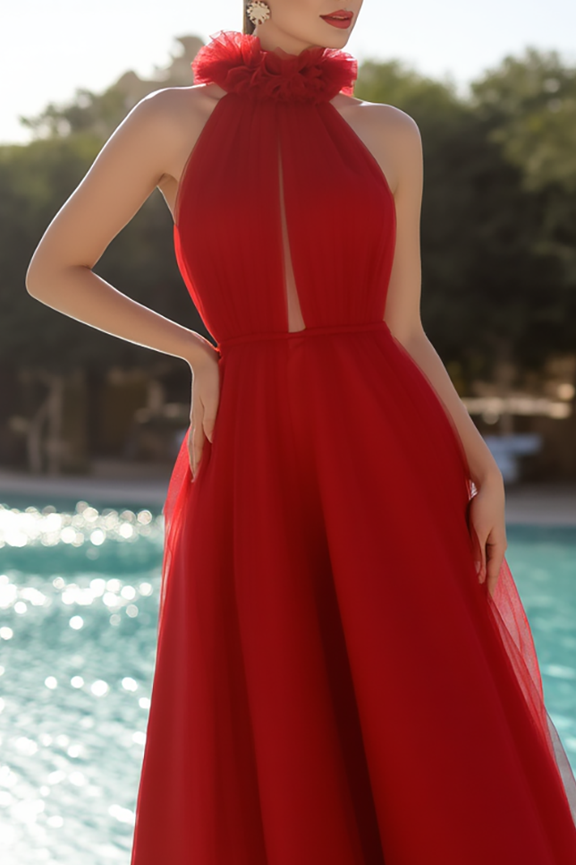 Evening Formal Halter Dress Red Tulle Floral Floor-Length Gown