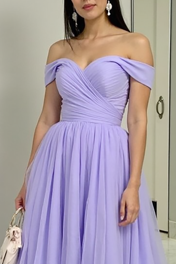 Formal Evening Dress Purple Tulle Off Shoulder A-Line Floor-Length Gown