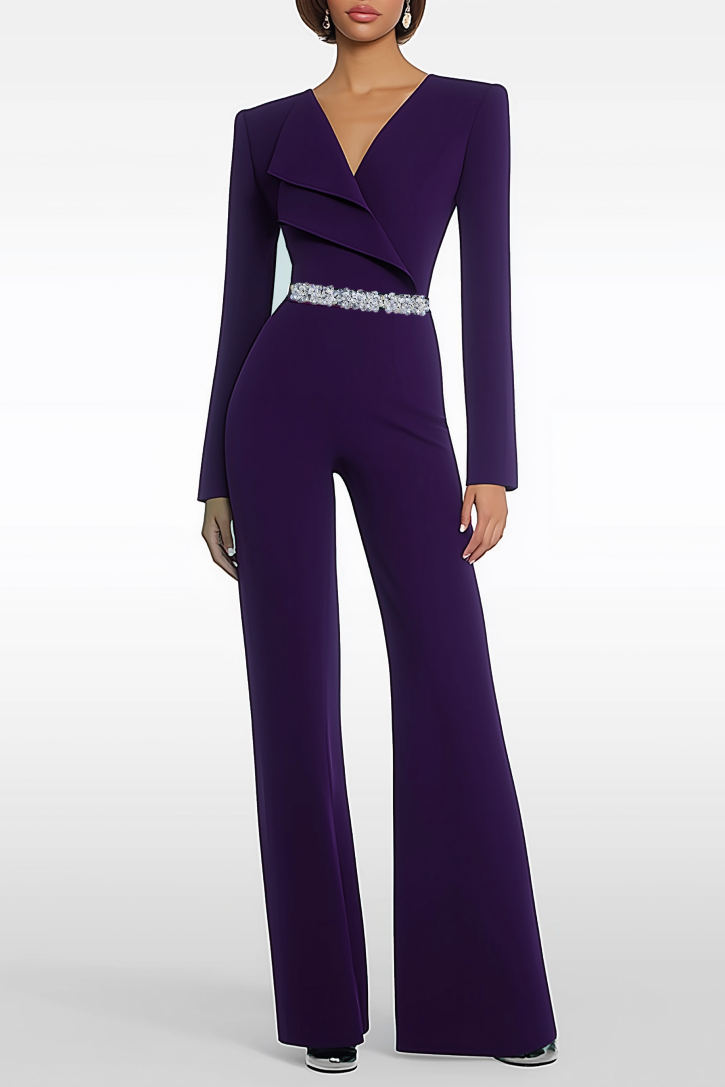 Semi-Formal Party Jumpsuit Purple Long Sleeve V-neck Bell Bottom Pants