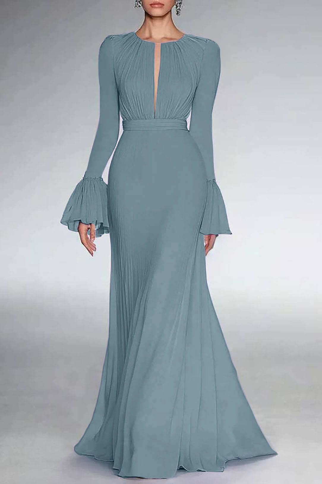 Party Formal Dress Purple Deep V-Neck Long Sleeve Ruffle Floor-Length Dress