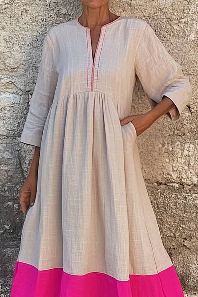 Bohemian Linen Dress Colorblock V-Neck Pocketed Midi Dress