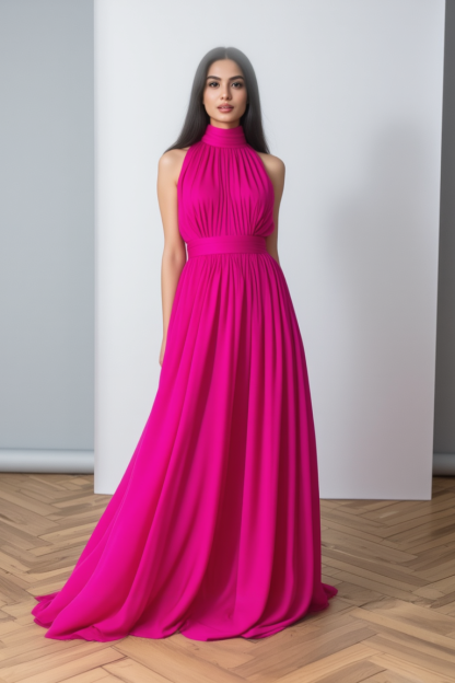 Vacation Holiday Dress Rose Halter Neck Ruched Floor-Length Dress