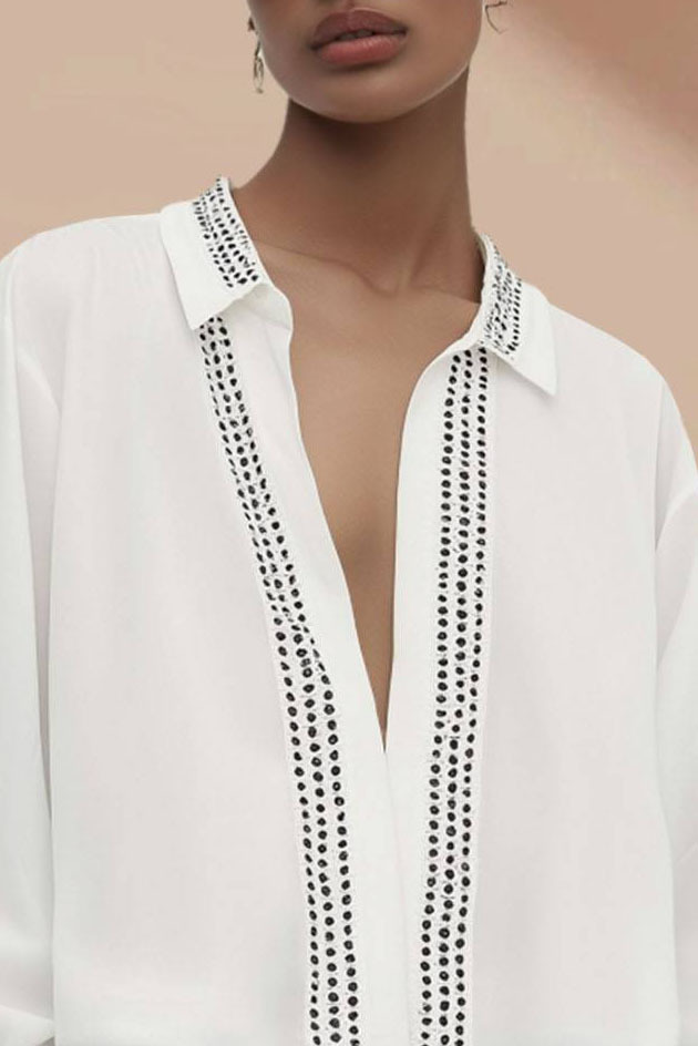 Casual Vacation Top White Deep V Lapel Long Sleeve Loose Shirt