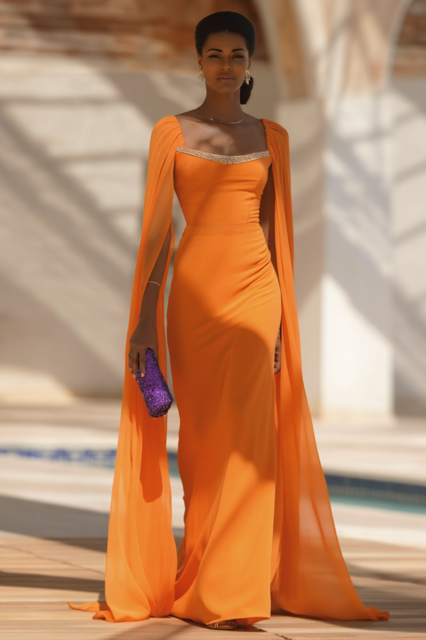 Evening Formal Cape Dress Orange Square Neck Colorblock Floor-Length Dress