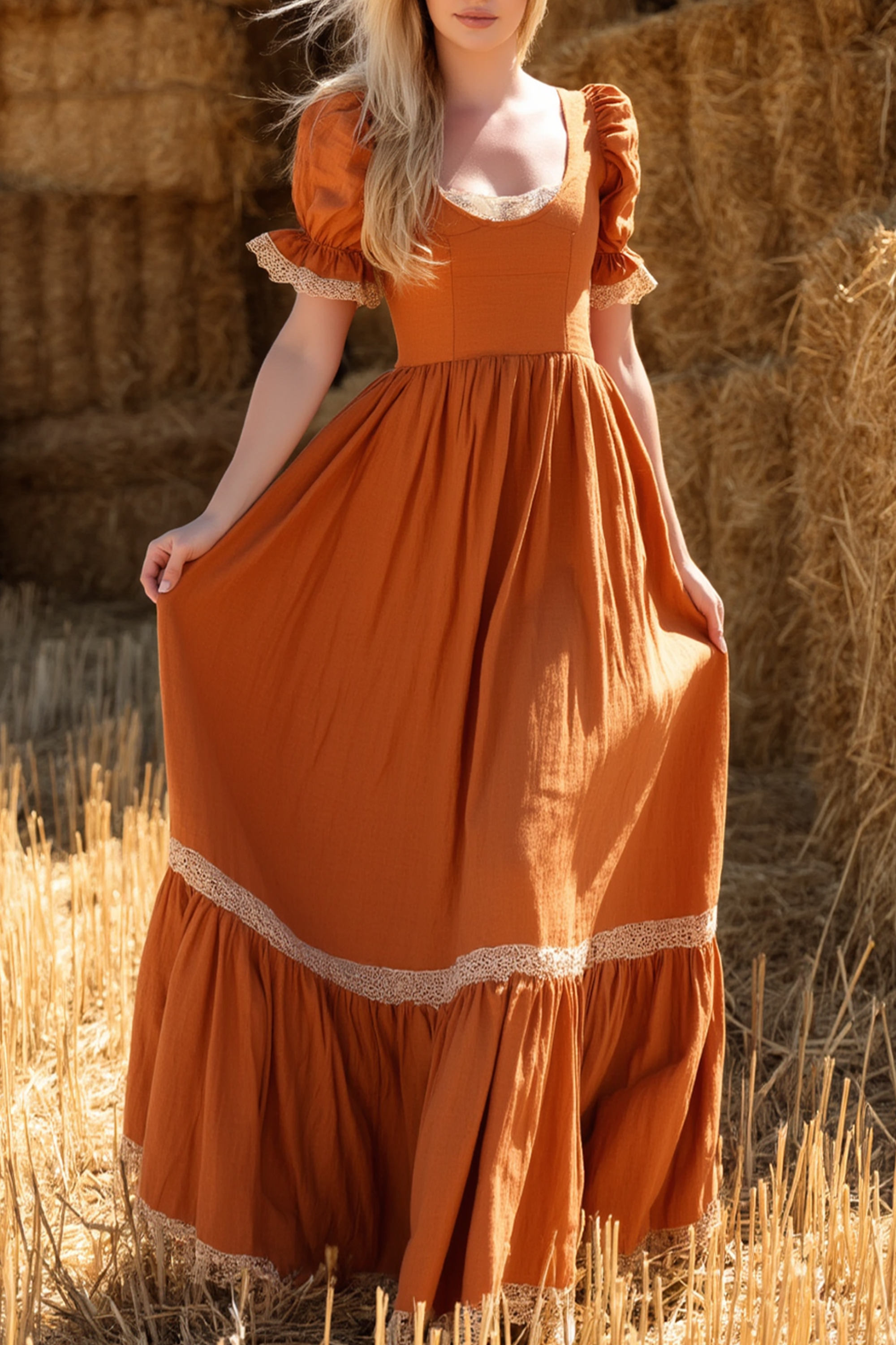 Bohemian Vacation Dress Orange U Neck Short Sleeve MaxiDress