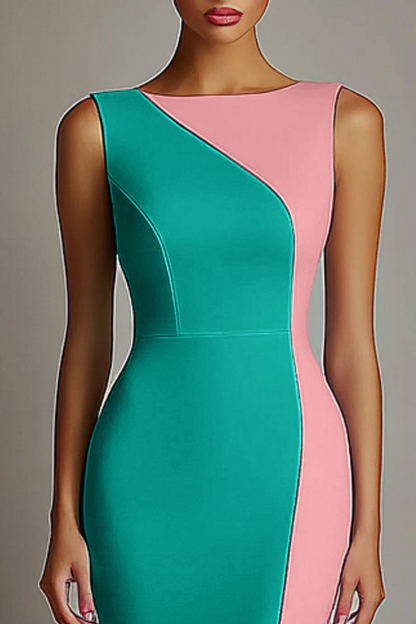 Cocktail Party Dress Pink Green Sleeveless Round Neck Mini Dress