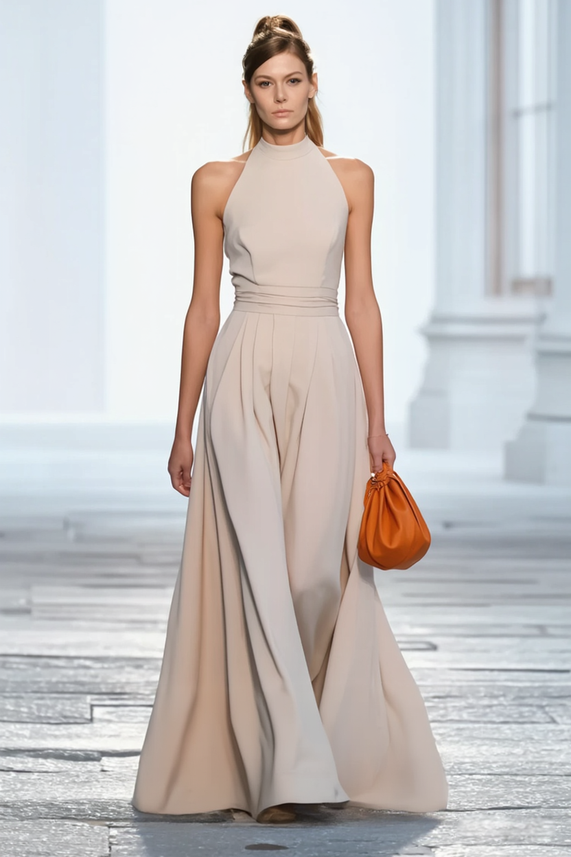 Evening Formal Dress​​ Apricot Halter Neck Floor-Length Dress