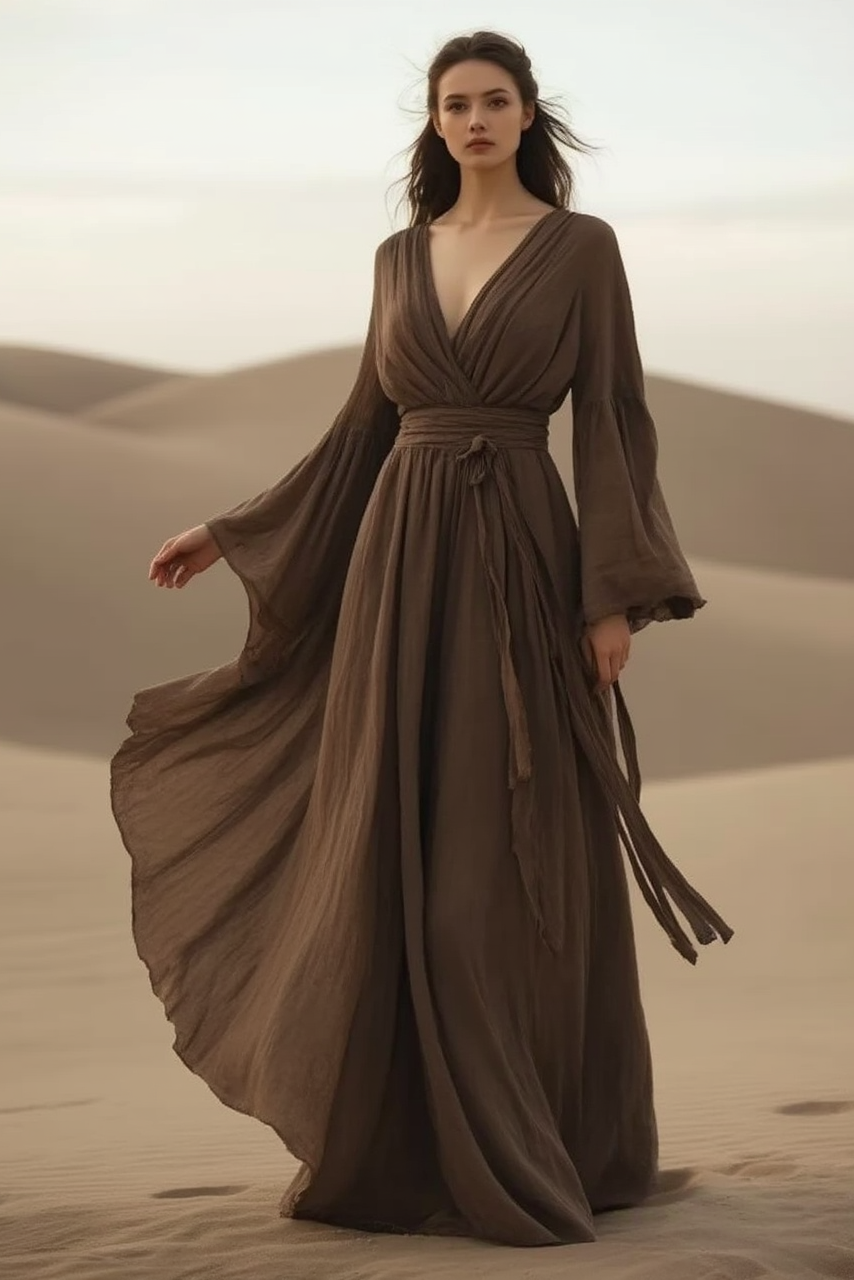Bohemian Swing Dress Coffee V Neck Floor-Length Dress