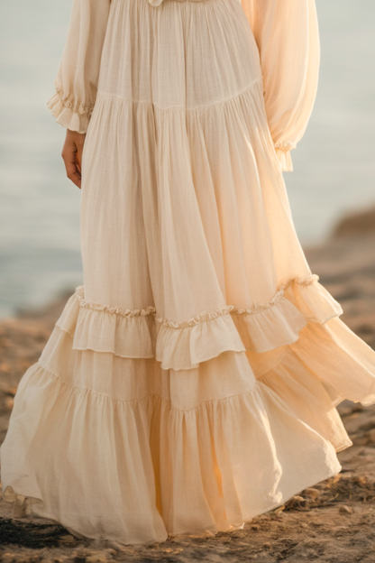 Bohemian Dress Beige Deep V Ruffle Floor-Length Dress