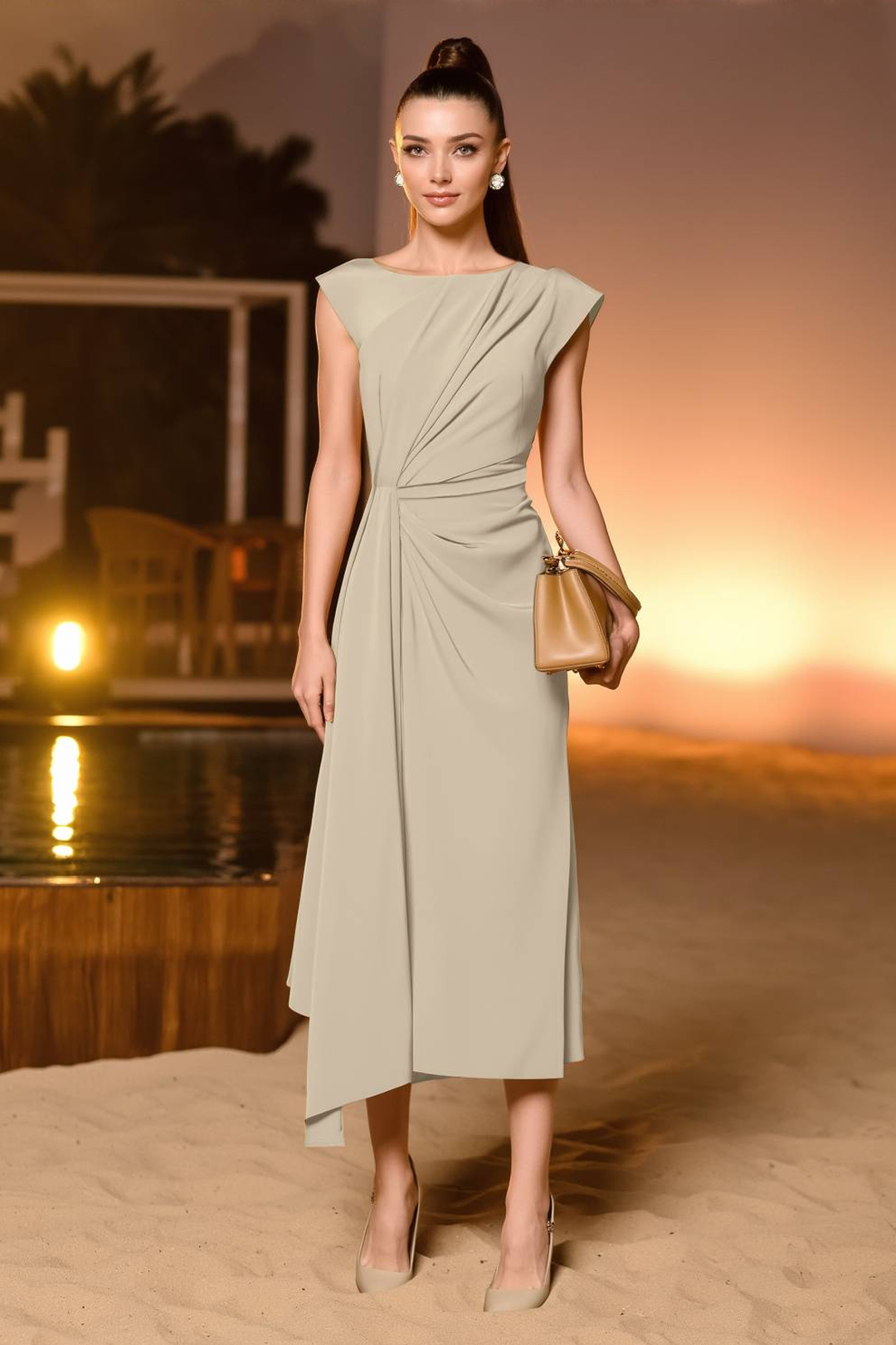 Work Dress​ Khaki Crew Neck Midi Dress