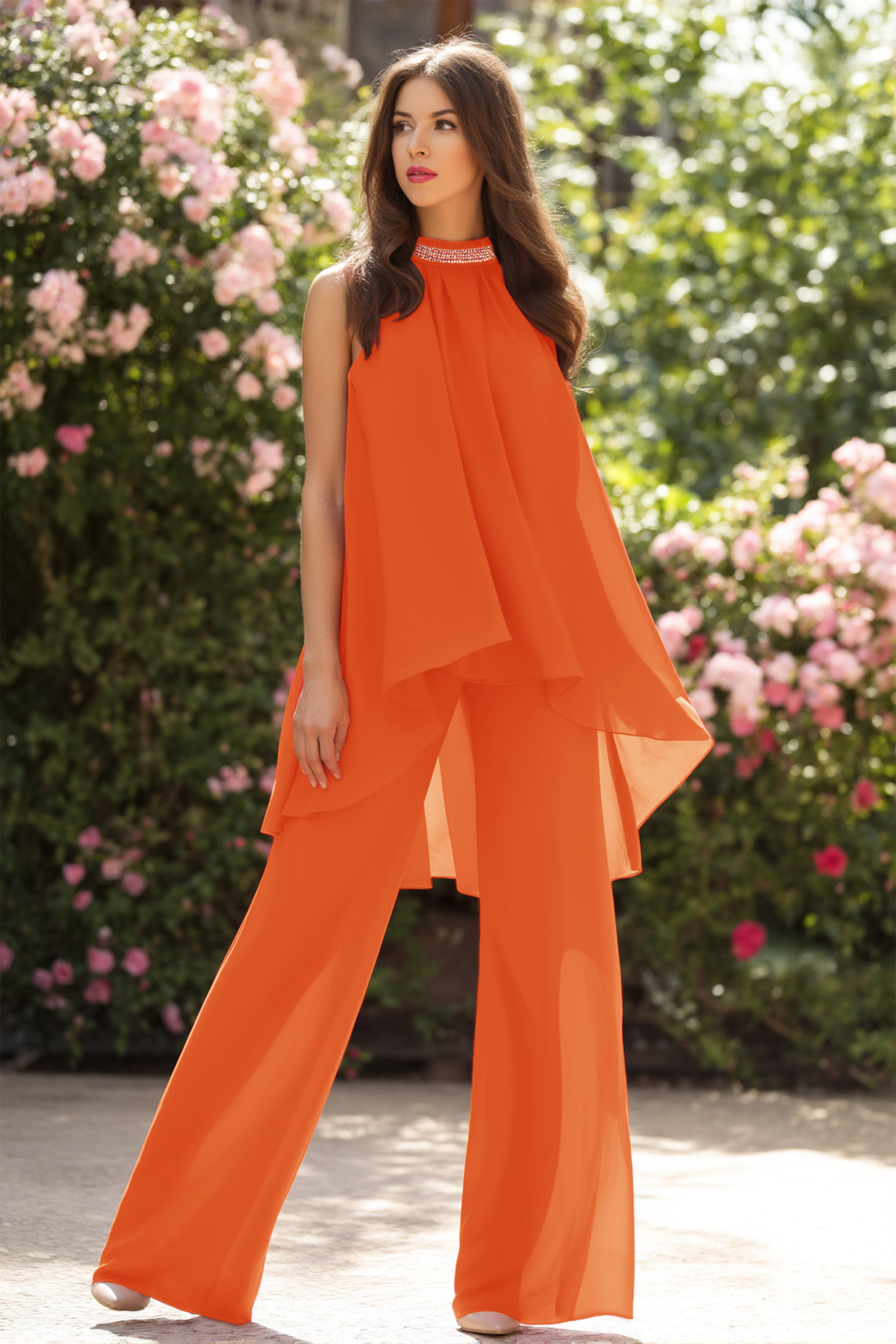 Casual Blouse Set Fuchsia Halter Neck Two-Piece Wide-Leg