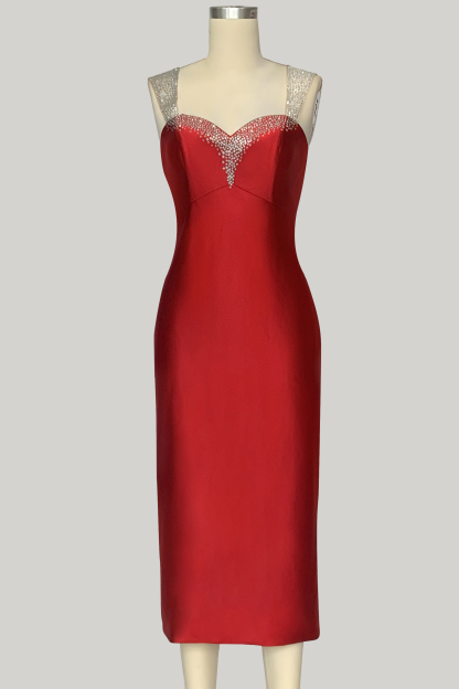 Cocktail ​Party Satin ​​Dress​ Red V-Neck Wide Strap Rhinestones Midi Dress