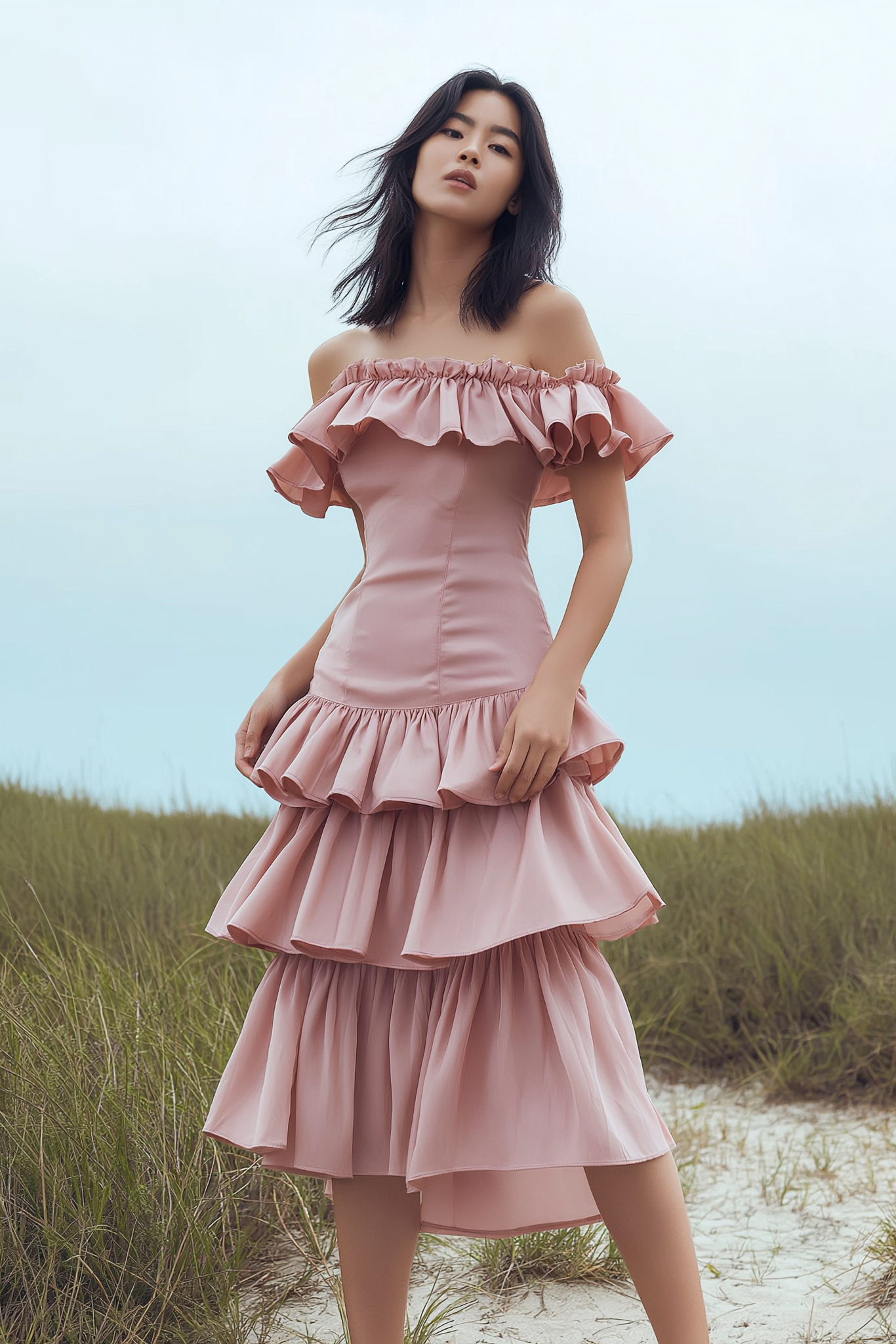 Party Dress Pink Off Shoulder Tiered Midi Dress