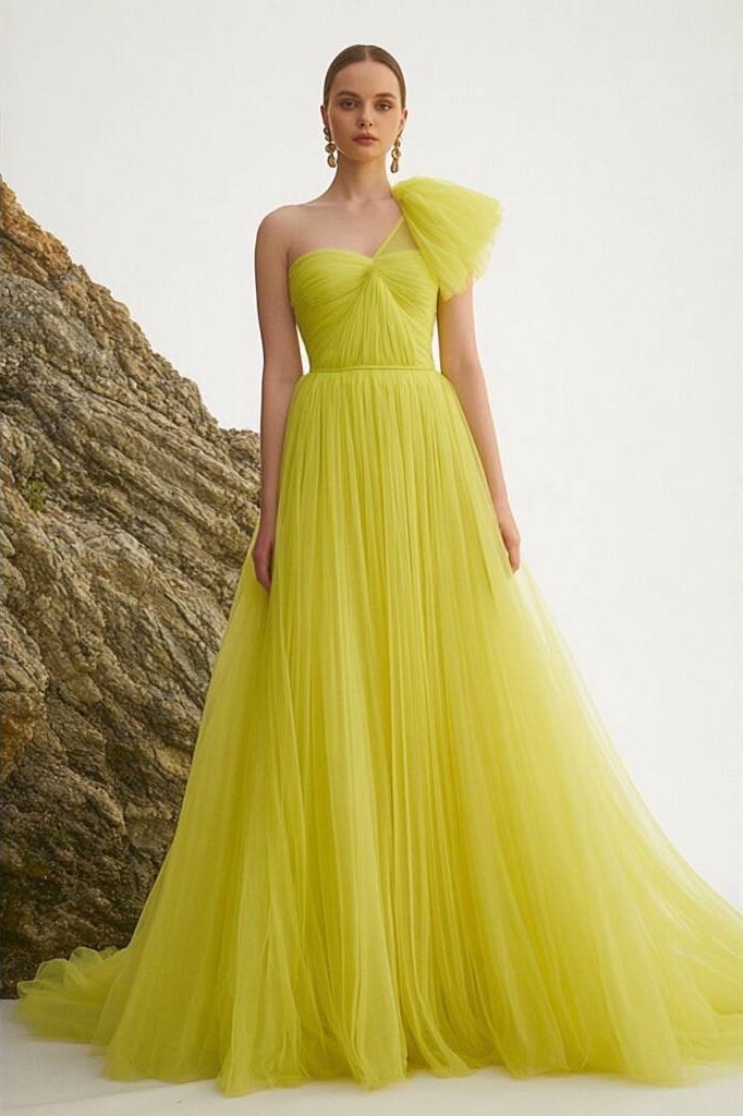 Formal Evening Dress Yellow One Shoulder Maxi Dress