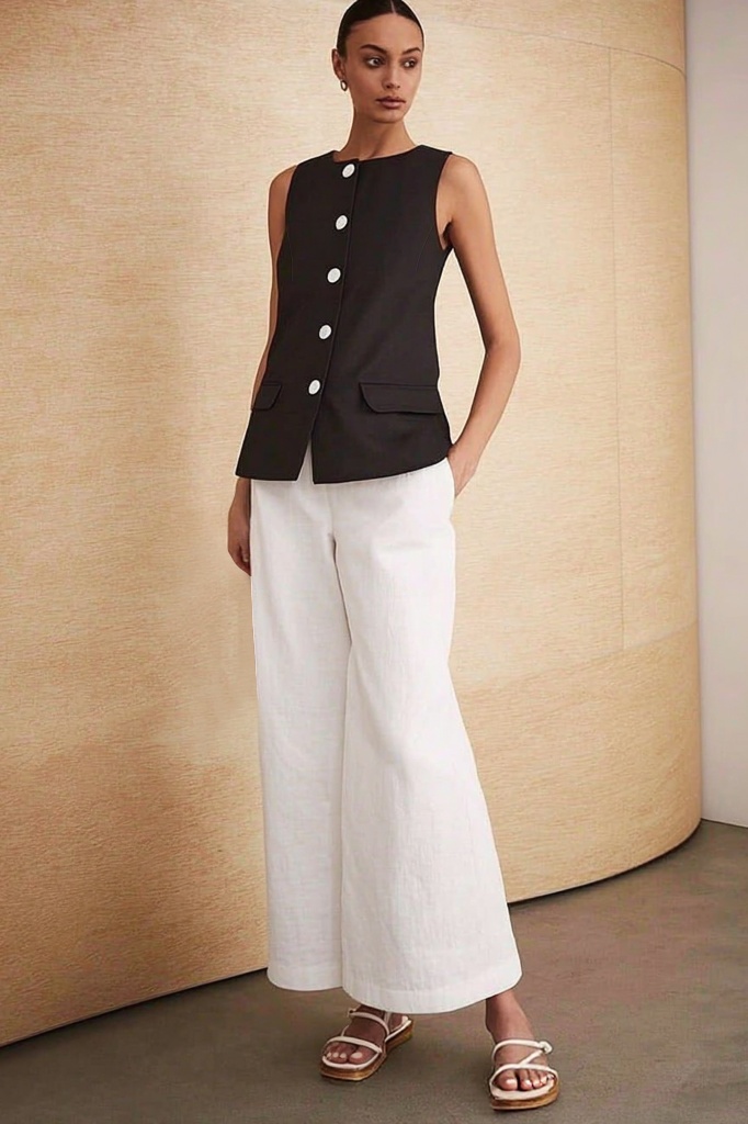 Casual Outfit Sets Black White Crew Neck Pocket Pants Set