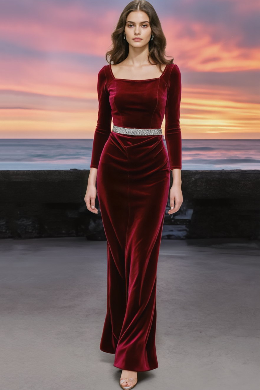 Evening Dress Burgundy Square Neck Velvet Belted Maxi Dress