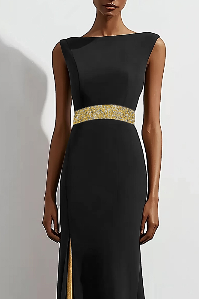 Formal Evening Dress Black Sleeveless Round Neck Maxi Dress