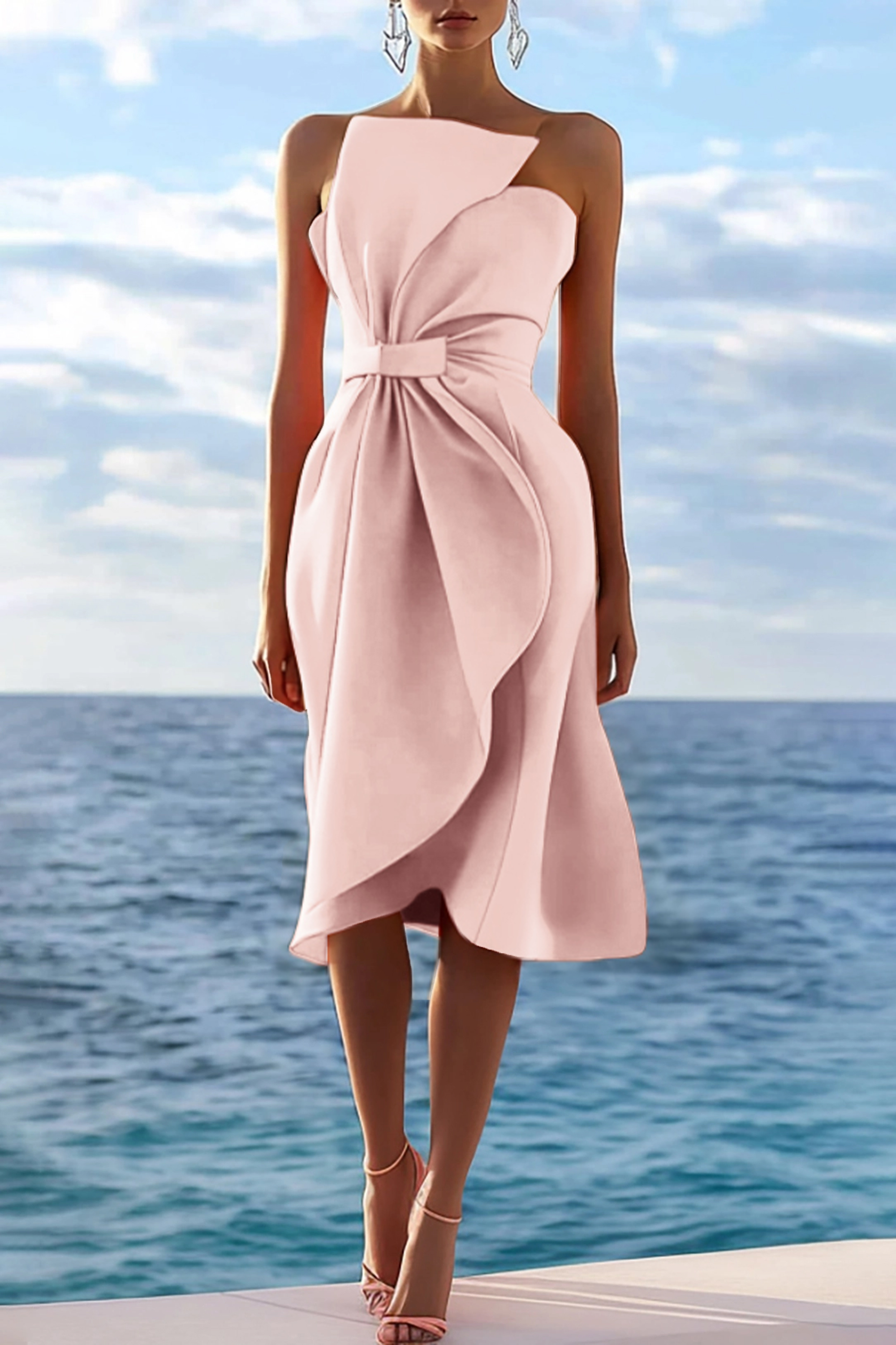 Cocktail Party Strapless Dress Orange Bow Pleated Knee-Length Dress