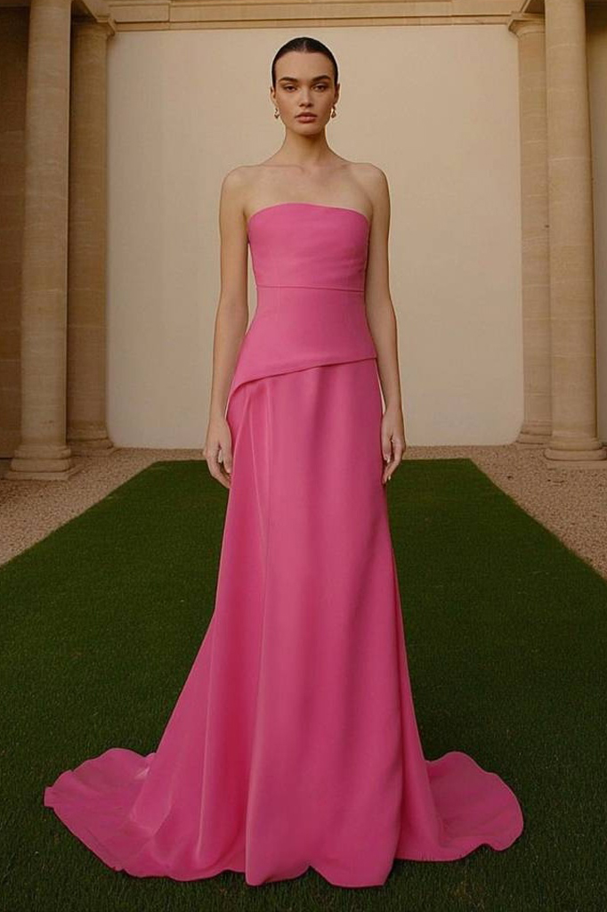 Formal ​Evening Dress Neon Pink Strapless Maxi Dress