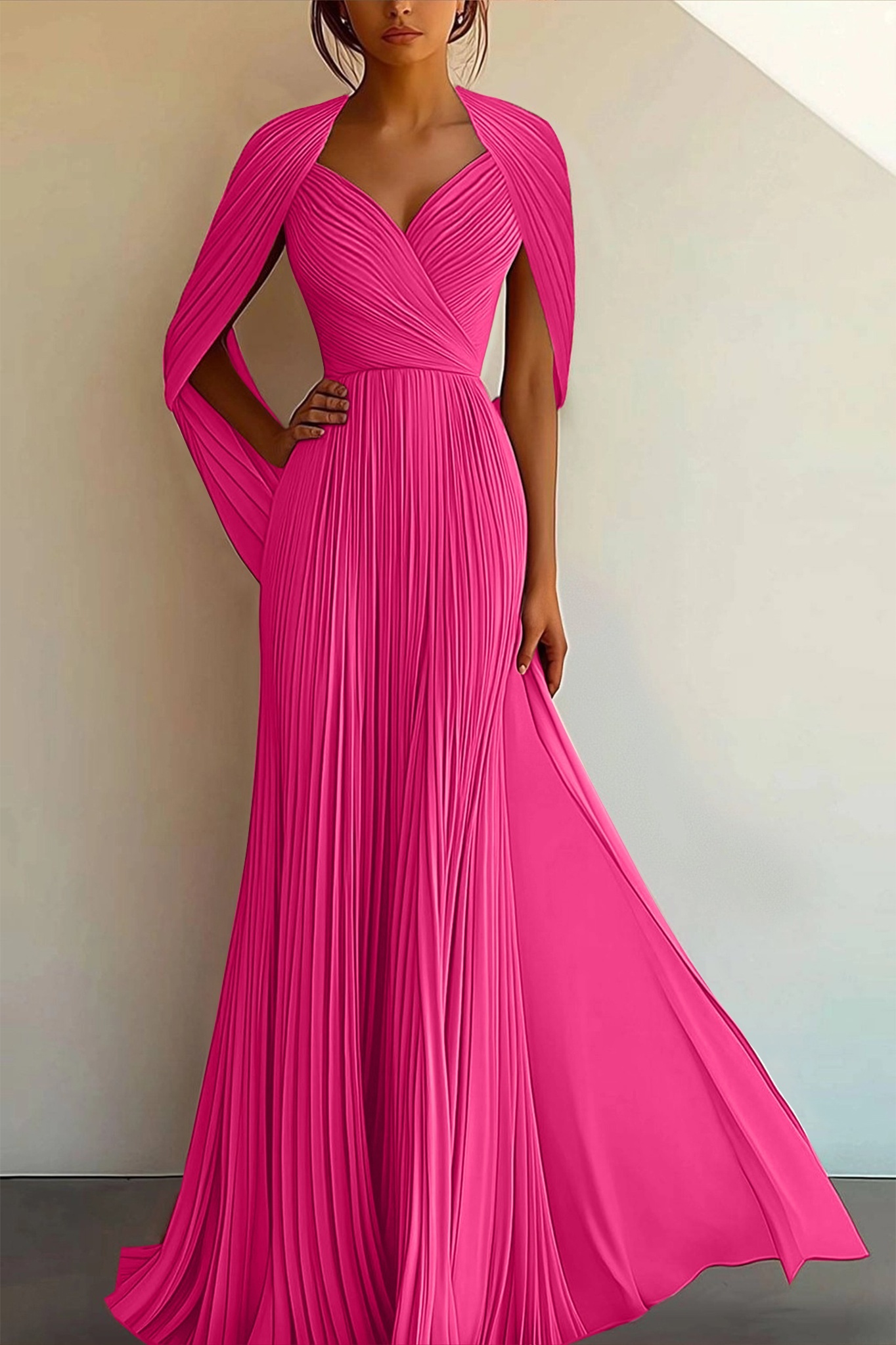Party Prom Dress Pleated Cross V-neck Cape Sleeve Maxi Gown