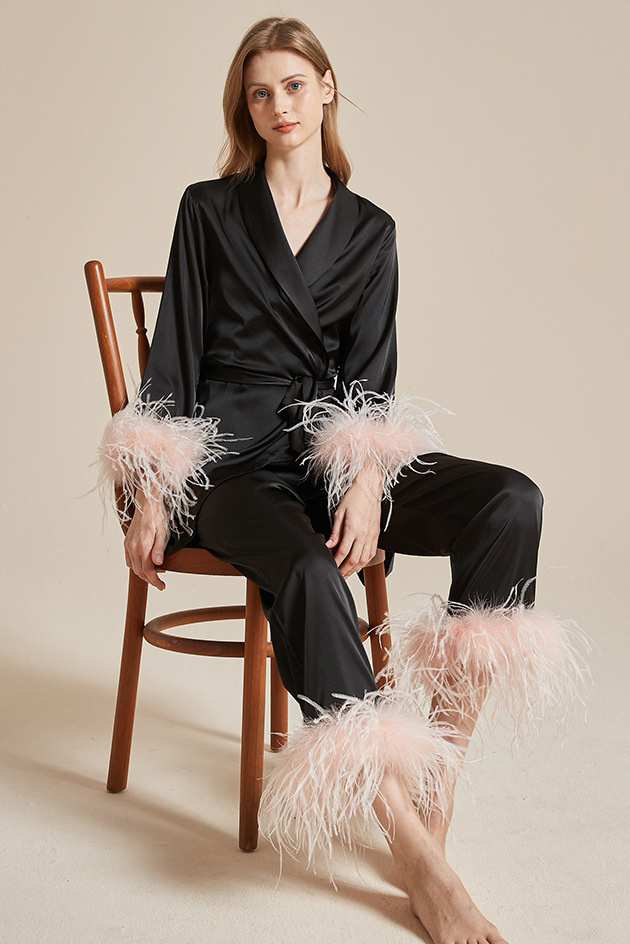 Bridal Bridesmaid Pajama Set Pink V Neck Feather Outfit 3 Piece