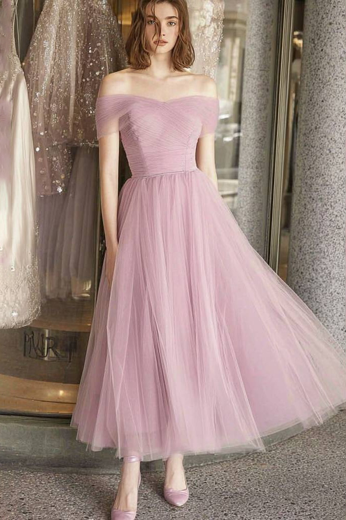 Formal ​Evening Dress Pink Off Shoulder Mesh Maxi Dress