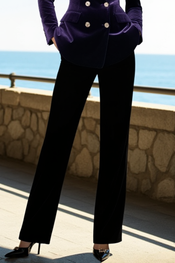 Party Velvet Suit Sets Navy Lapel Long Sleeve Straight Pants Set