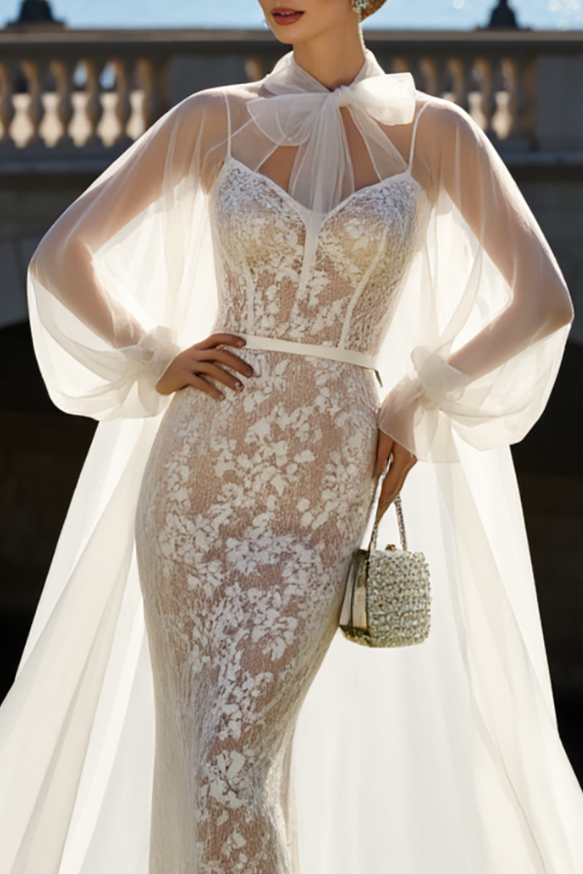White Lace Wedding Dress Maxi with Spaghetti Straps & Long Sleeve Cape