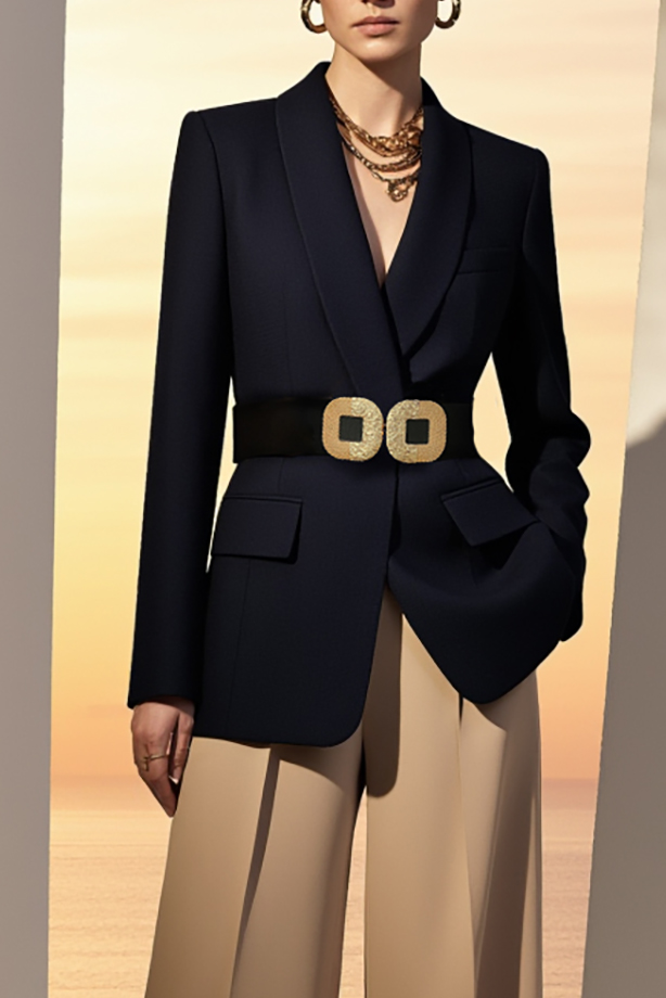 Black Work Blazer Suit Set with Brown Wide Leg Pants and Belt