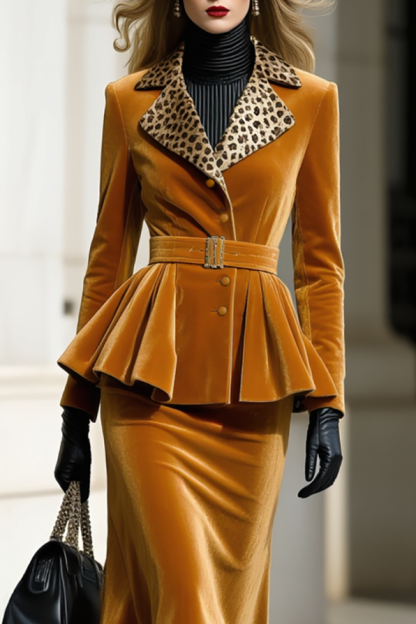 Formal Velvet Outfit Set Caramel Leopard Collar Coat Midi Skirt Set