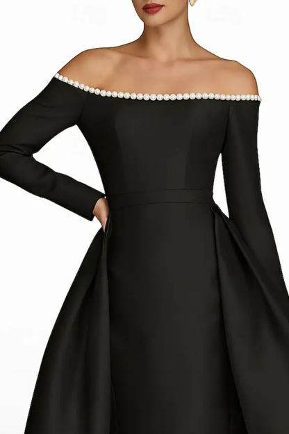 Formal Evening Dress Black Off The Shoulder Maxi Gown with Pearls