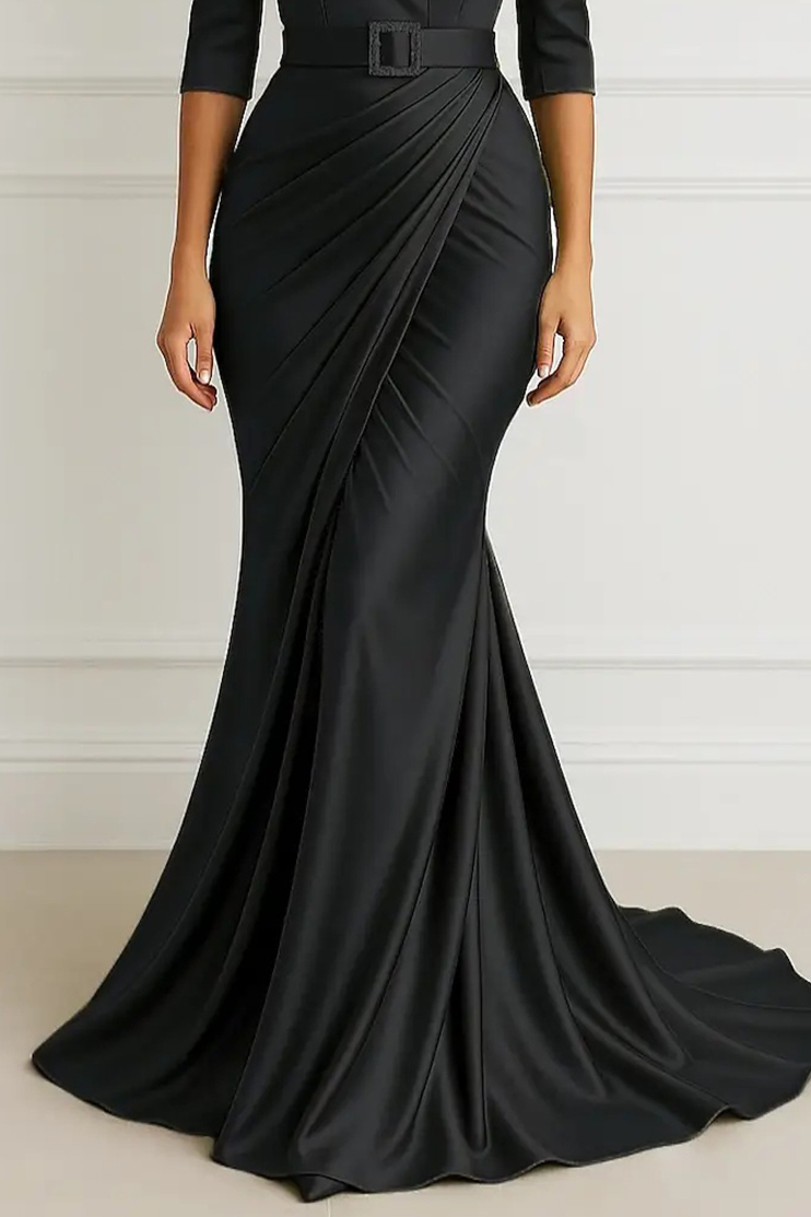 Formal Evening Dress Black Collared Belted Wrap Maxi Gown
