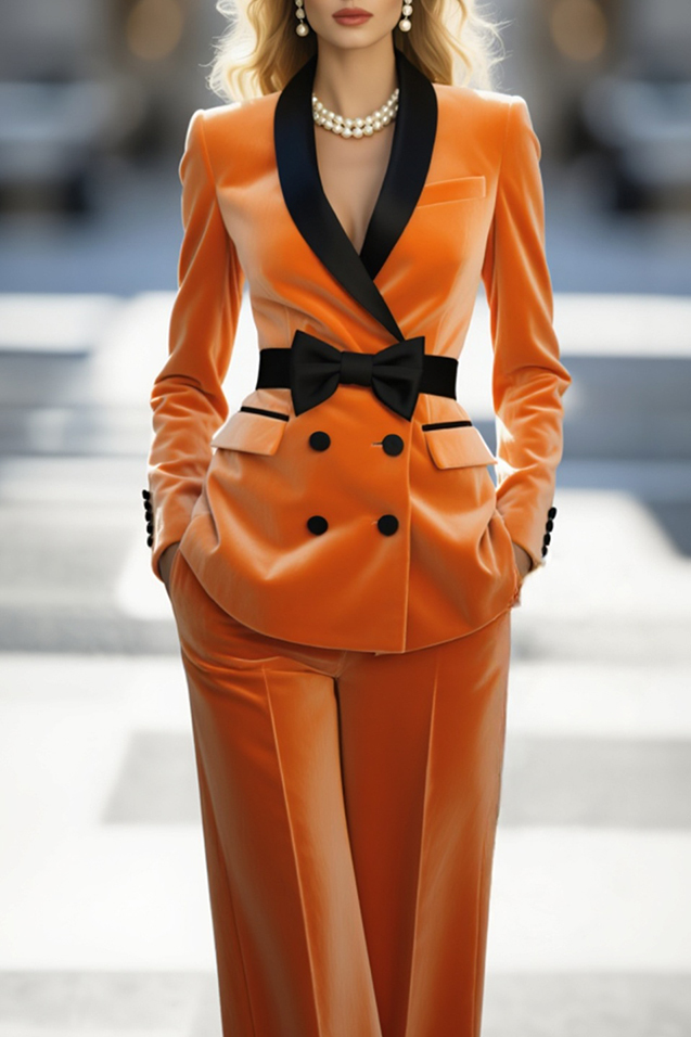 Work Formal Velvet Blazer Suit Orange Long Sleeve with Waist Bow & Pants