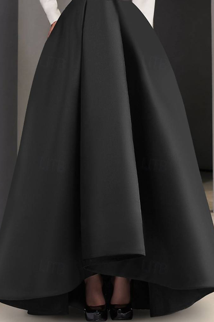 Formal Dress Black White Long Sleeve Asymmetrical Neck A-Line Gown