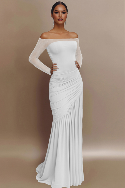 Evening Prom Gown Off The Shoulder Glitter Ruched Light Blue Maxi Dress