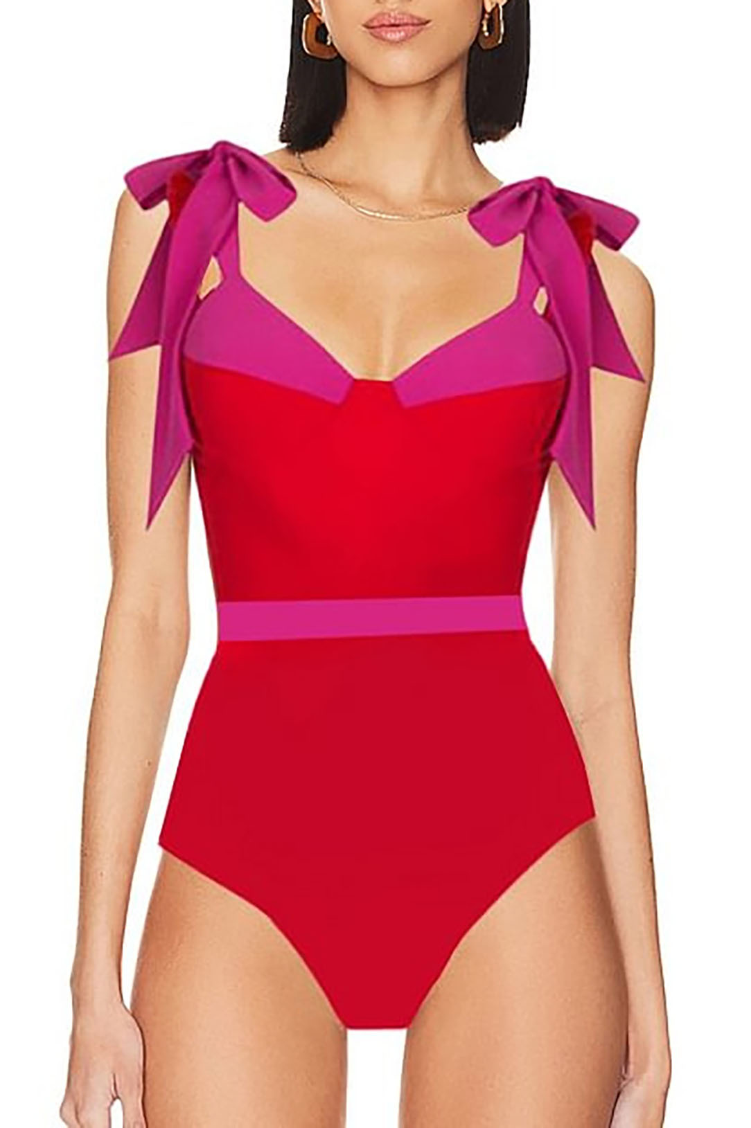 Rose Red Color Matching Bow Tie One-Piece Swimsuit and Cover-Up