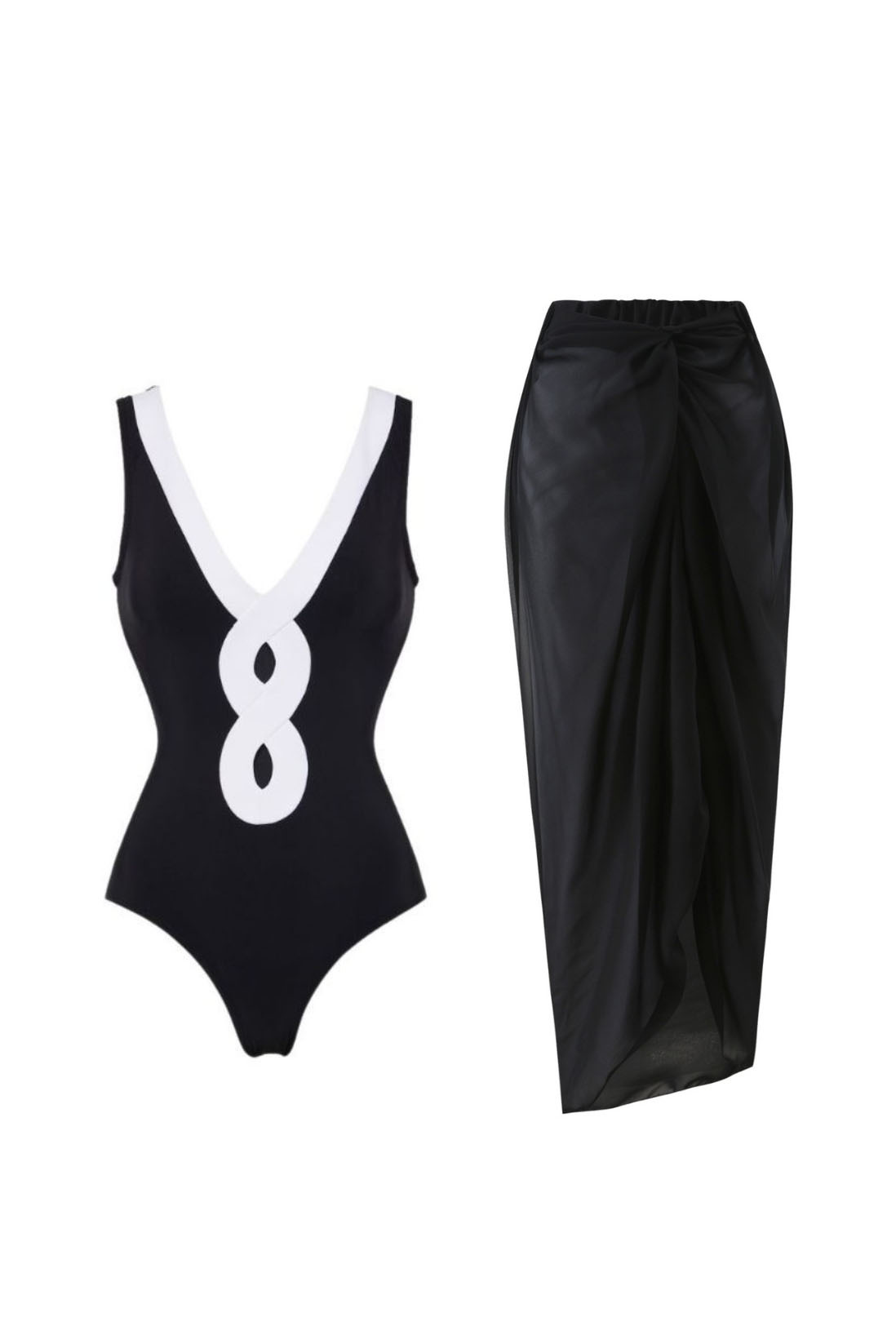 3D Black and White Houndstooth V-Neck One Piece Swimsuit and Wrap Skirt Cover-Up