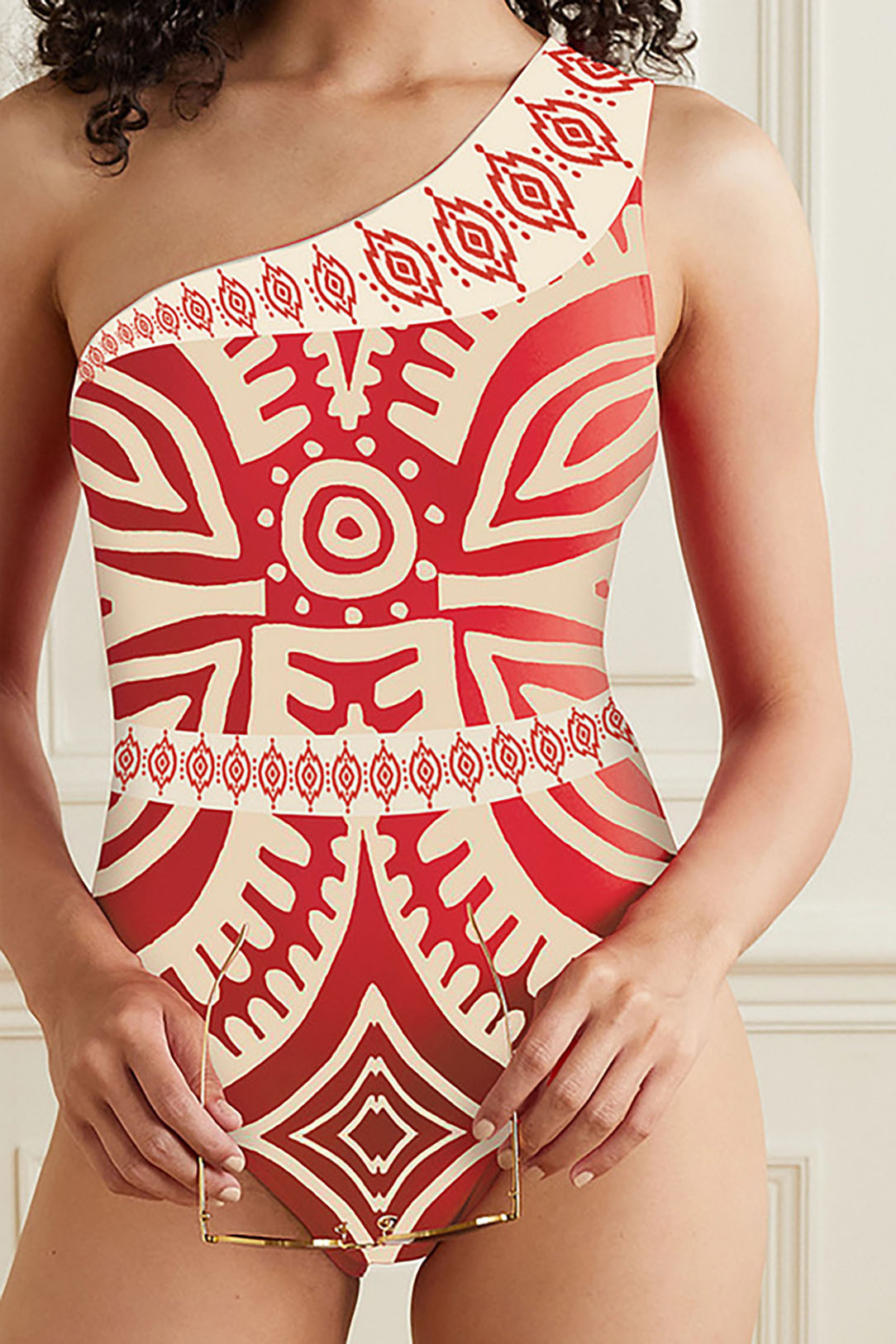 Ethnic Style Off-Shoulder One-Piece Swimsuit and Beach Pants Set