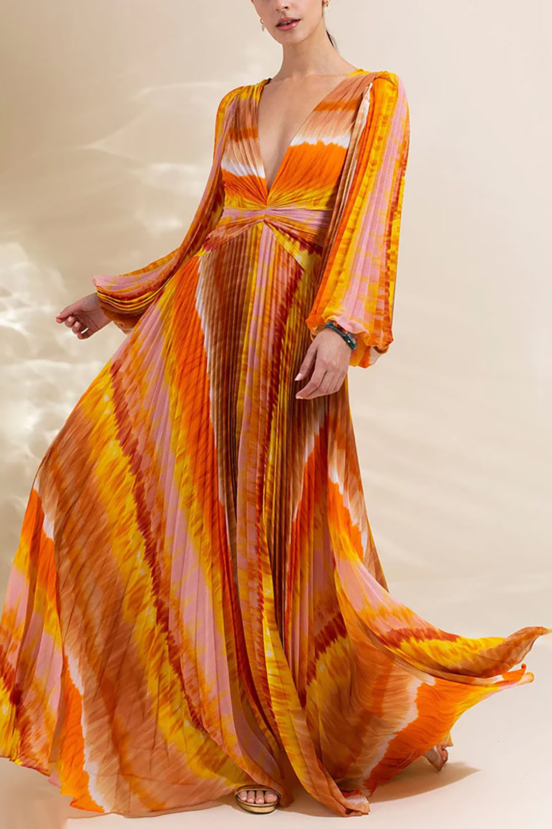 Deep V-Neck Yellow Long-Sleeved Printed One-Piece Swimsuit and Cover-Up