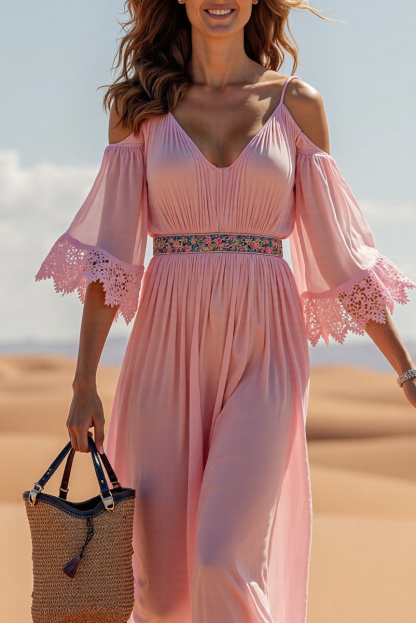 Bohemian Casual Dress Pink V-Neck Lace Trim Chiffon Maxi Dress