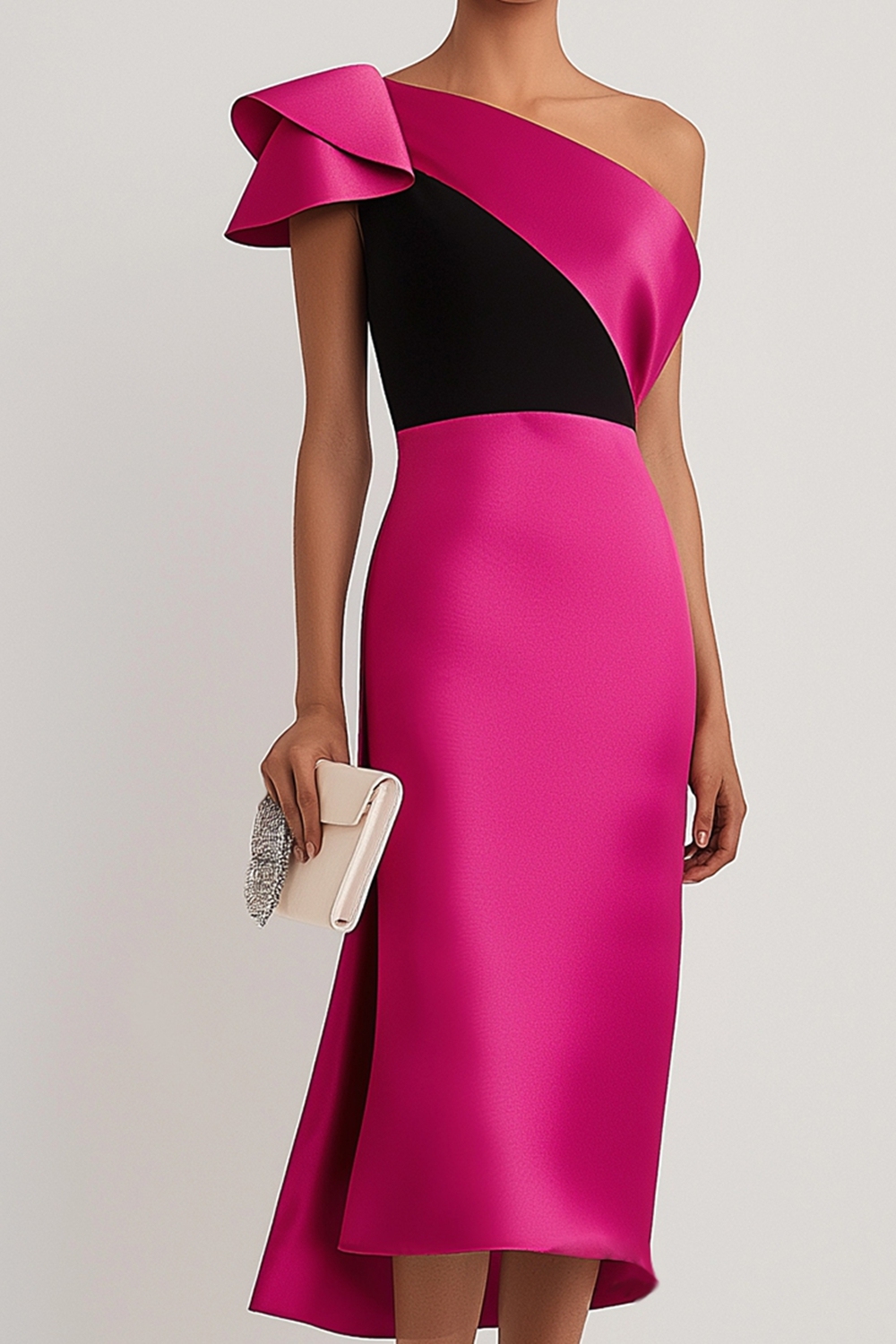 Formal Evening Pink Black One-Shoulder Dress Asymmetrical Ruffle Satin Dress
